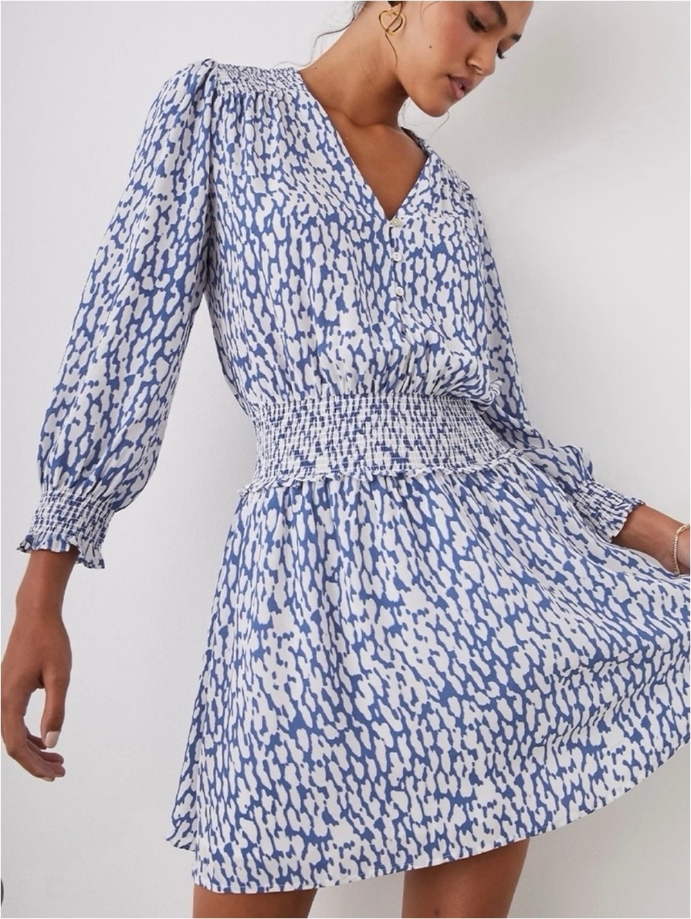 Rails Blue & White Long Sleeve Smocked Waist Dress